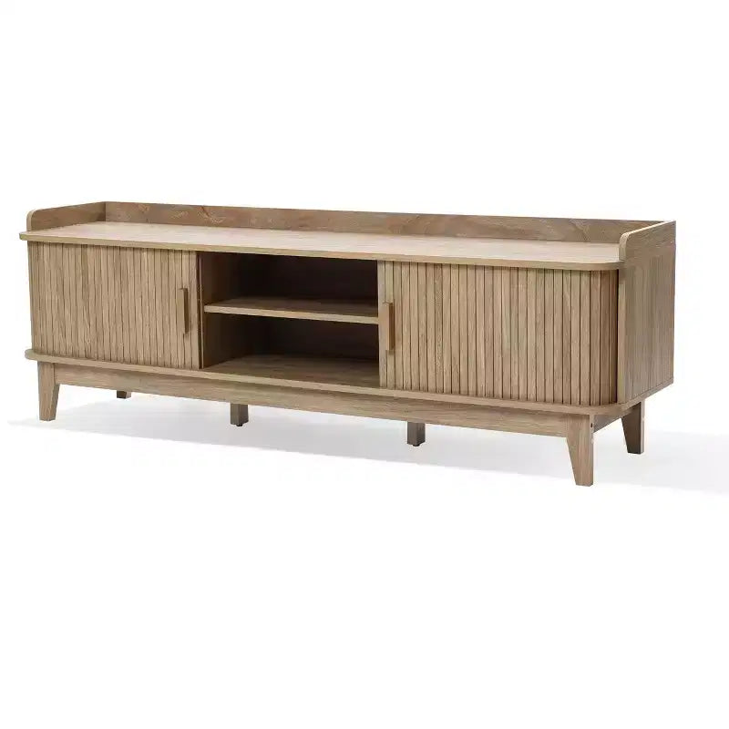 Meuble TV LuxenHome 63" style Mid-Century avec rangement, pour téléviseurs jusqu'à 65", console média marron avec portes coulissantes, chêne marron