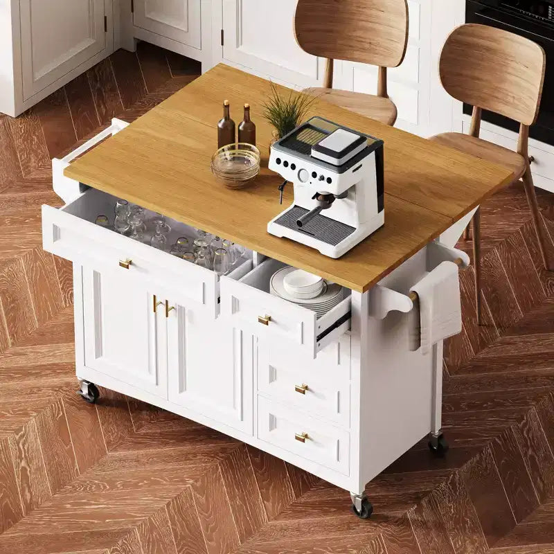 Îlot de cuisine Whisen 52'' avec abattant, étagères intégrées, tiroirs et étagère réglable, îlot de cuisine sur roulettes
