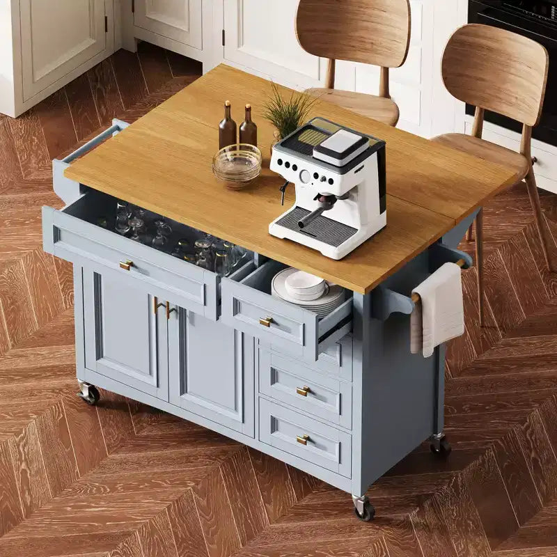 Îlot de cuisine Whisen 52'' avec abattant, étagères intégrées, tiroirs et étagère réglable, îlot de cuisine sur roulettes