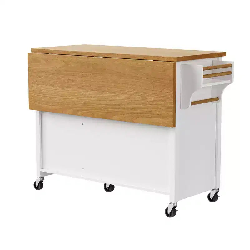 Îlot de cuisine Whisen 52'' avec abattant, étagères intégrées, tiroirs et étagère réglable, îlot de cuisine sur roulettes