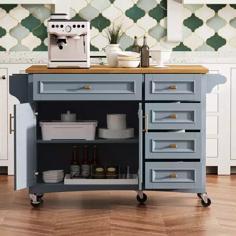 Îlot de cuisine Whisen 52'' avec abattant, étagères intégrées, tiroirs et étagère réglable, îlot de cuisine sur roulettes