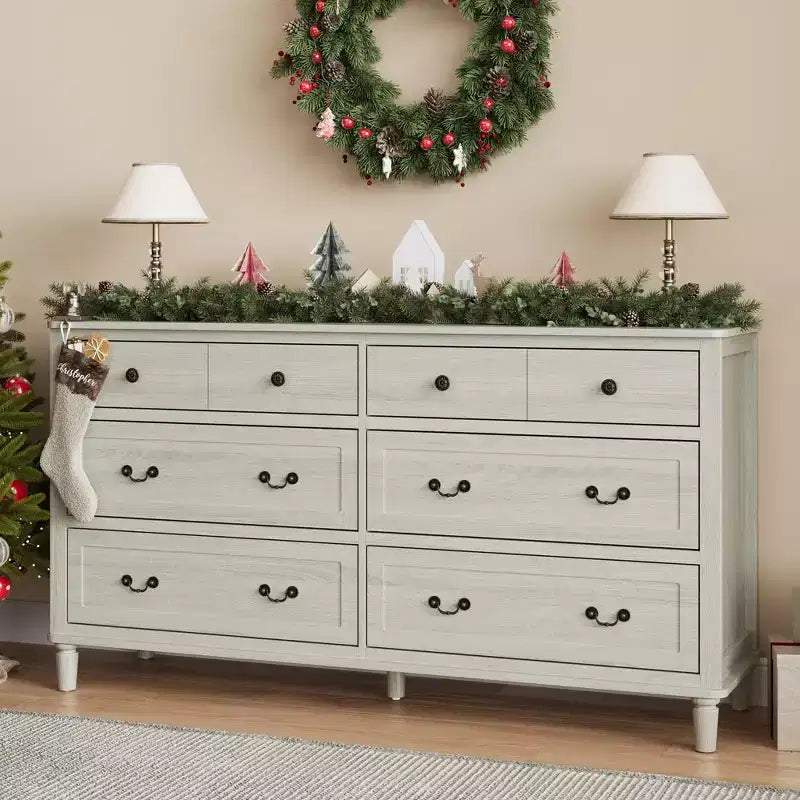Commode Heynemo Grande à 6 Tiroirs pour Chambre à Coucher, Commode Moderne de 147 cm de Large, Meuble TV avec Poignées Métalliques, Organisateur de Tiroirs en Bois, Gris Clair