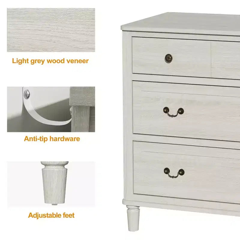 Commode Heynemo Grande à 6 Tiroirs pour Chambre à Coucher, Commode Moderne de 147 cm de Large, Meuble TV avec Poignées Métalliques, Organisateur de Tiroirs en Bois, Gris Clair