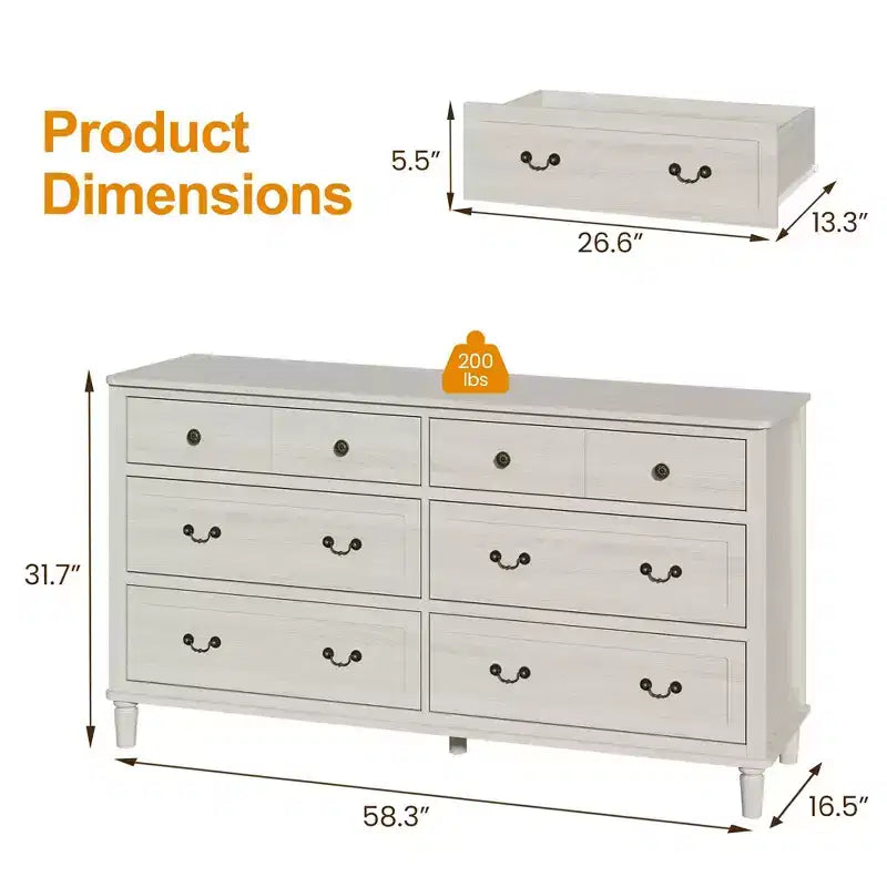 Commode Heynemo Grande à 6 Tiroirs pour Chambre à Coucher, Commode Moderne de 147 cm de Large, Meuble TV avec Poignées Métalliques, Organisateur de Tiroirs en Bois, Gris Clair