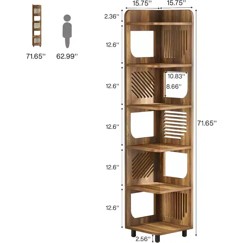 Étagère d'angle Lantine à 6 niveaux, bibliothèque haute rustique de 180 cm pour salon, chambre, bureau
