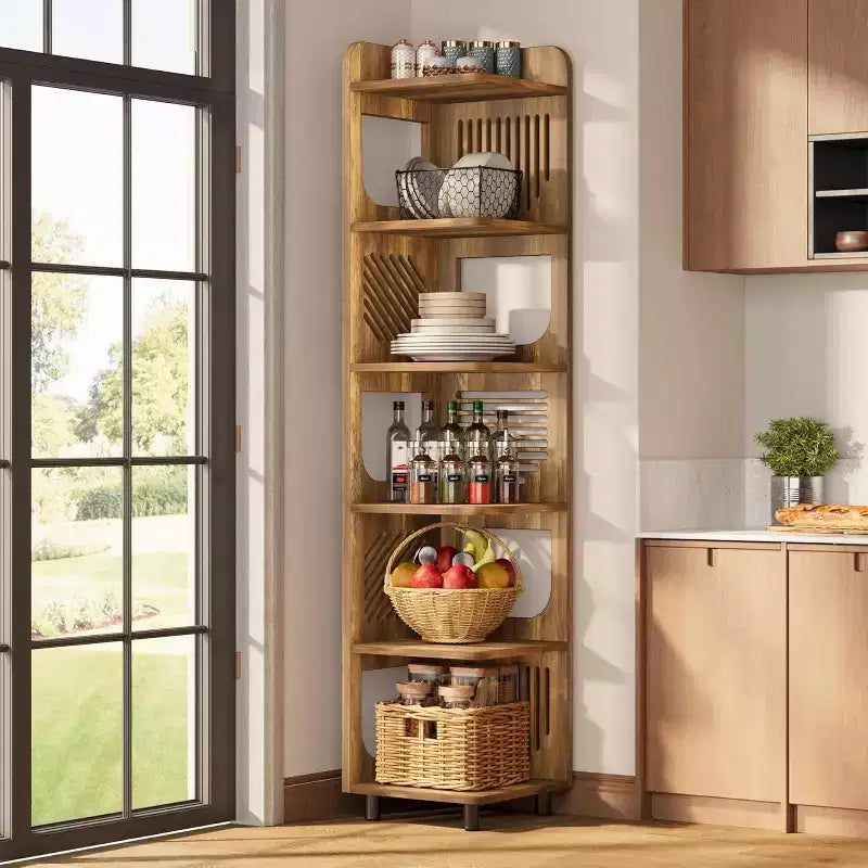 Étagère d'angle Lantine à 6 niveaux, bibliothèque haute rustique de 180 cm pour salon, chambre, bureau