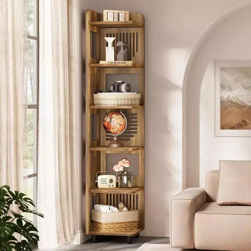 Étagère d'angle Lantine à 6 niveaux, bibliothèque haute rustique de 180 cm pour salon, chambre, bureau