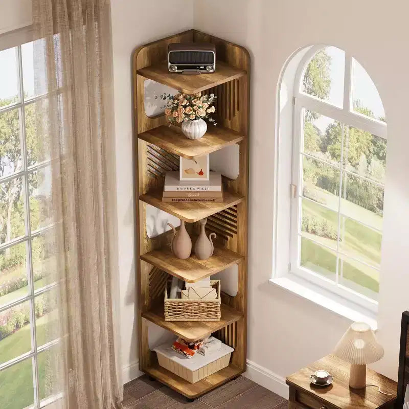 Étagère d'angle Lantine à 6 niveaux, bibliothèque haute rustique de 180 cm pour salon, chambre, bureau