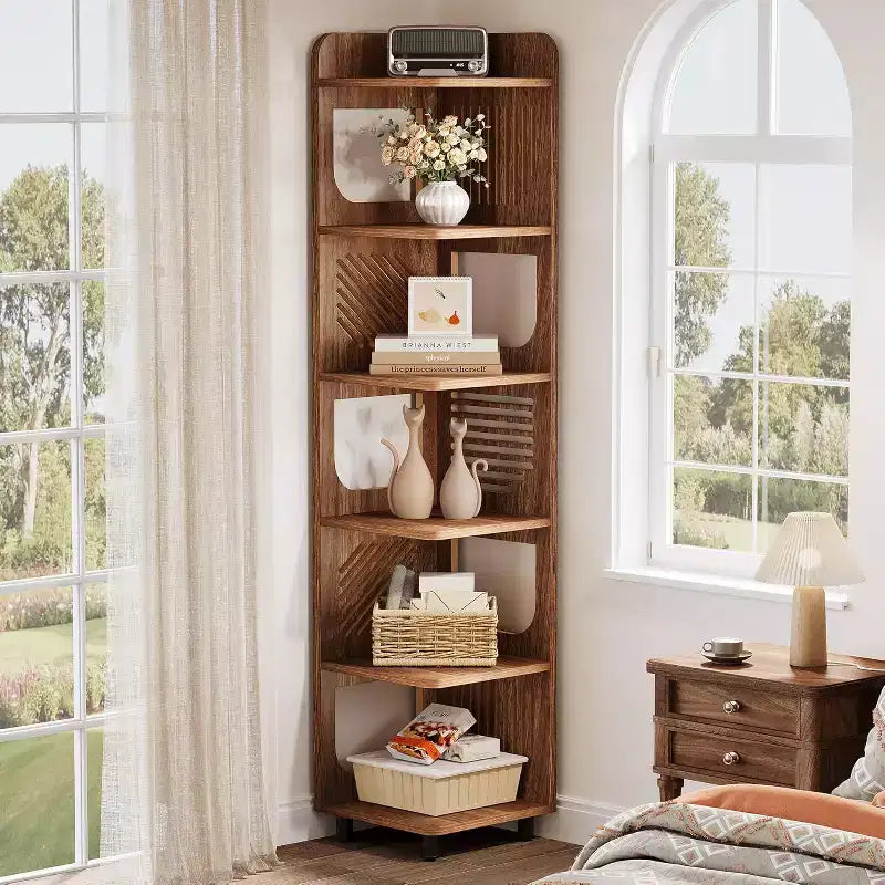 Étagère d'angle Lantine à 6 niveaux, bibliothèque haute rustique de 180 cm pour salon, chambre, bureau