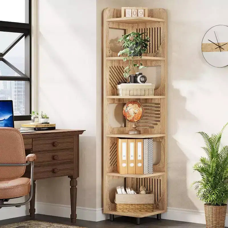 Étagère d'angle Lantine à 6 niveaux, bibliothèque haute rustique de 180 cm pour salon, chambre, bureau