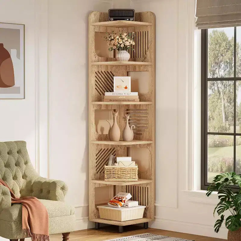 Étagère d'angle Lantine à 6 niveaux, bibliothèque haute rustique de 180 cm pour salon, chambre, bureau