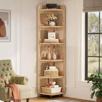 Étagère d'angle Lantine à 6 niveaux, bibliothèque haute rustique de 180 cm pour salon, chambre, bureau