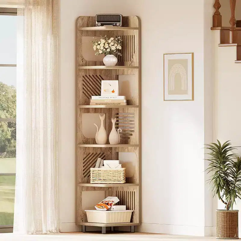 Étagère d'angle Lantine à 6 niveaux, bibliothèque haute rustique de 180 cm pour salon, chambre, bureau