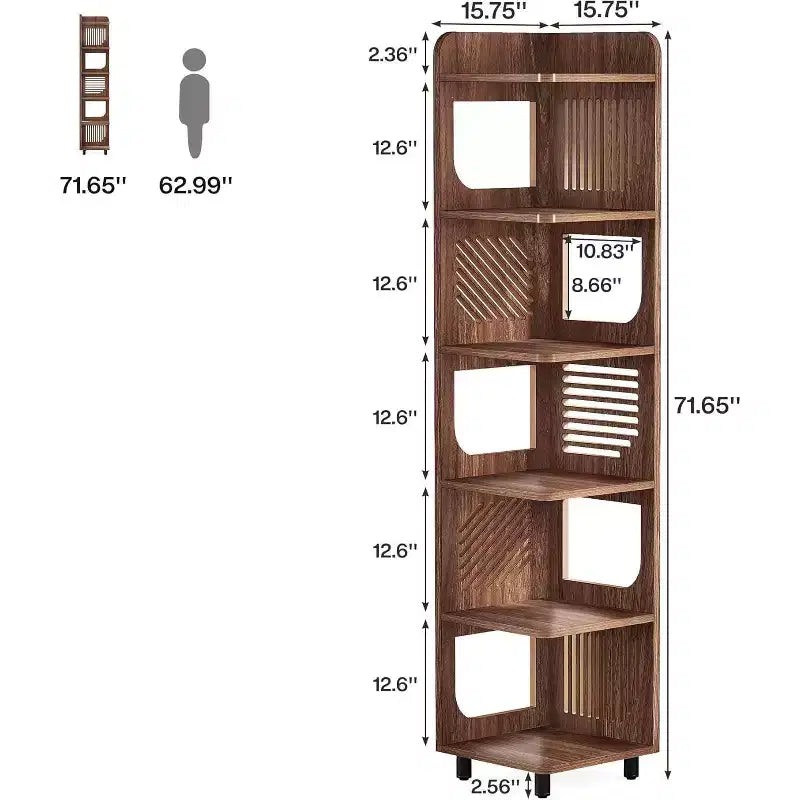 Étagère d'angle Lantine à 6 niveaux, bibliothèque haute rustique de 180 cm pour salon, chambre, bureau