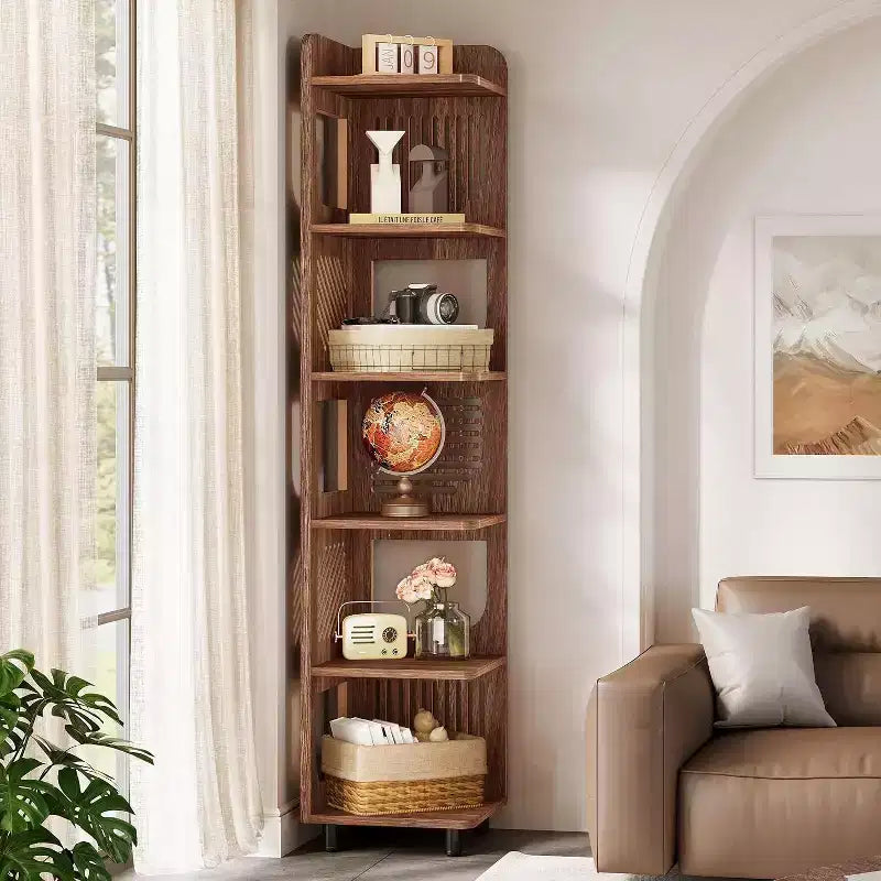 Étagère d'angle Lantine à 6 niveaux, bibliothèque haute rustique de 180 cm pour salon, chambre, bureau