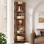 Étagère d'angle Lantine à 6 niveaux, bibliothèque haute rustique de 180 cm pour salon, chambre, bureau