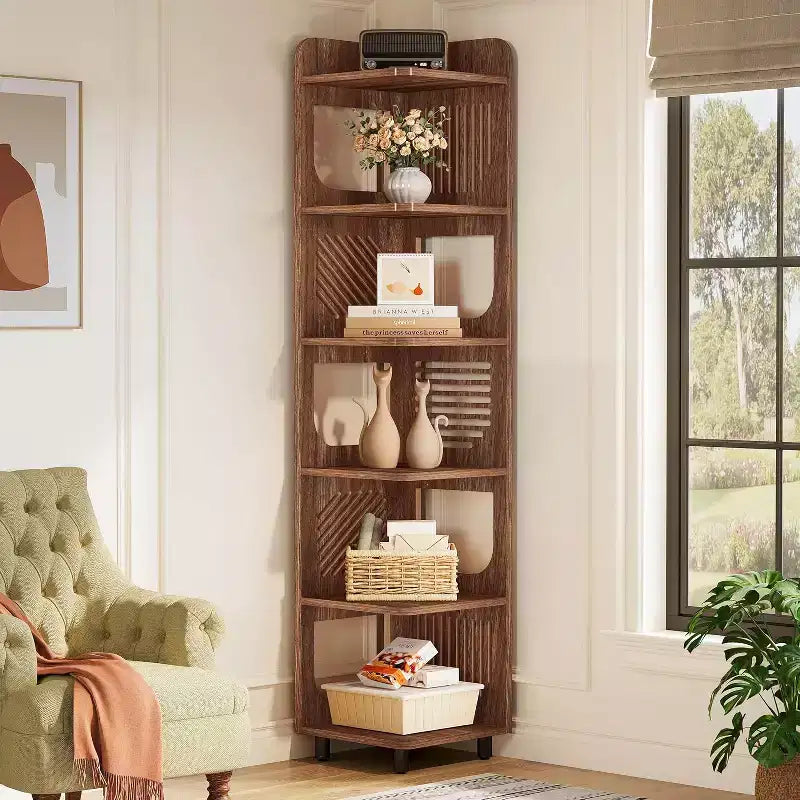 Étagère d'angle Lantine à 6 niveaux, bibliothèque haute rustique de 180 cm pour salon, chambre, bureau