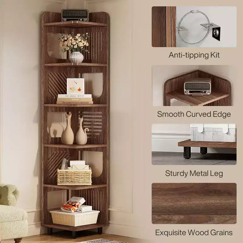 Étagère d'angle Lantine à 6 niveaux, bibliothèque haute rustique de 180 cm pour salon, chambre, bureau
