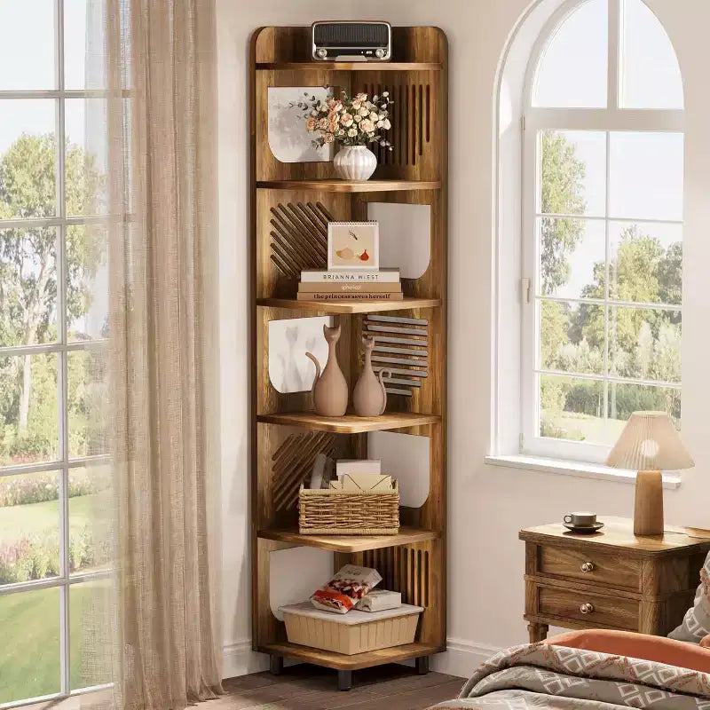 Étagère d'angle Lantine à 6 niveaux, bibliothèque haute rustique de 180 cm pour salon, chambre, bureau