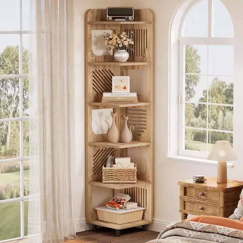 Étagère d'angle Lantine à 6 niveaux, bibliothèque haute rustique de 180 cm pour salon, chambre, bureau