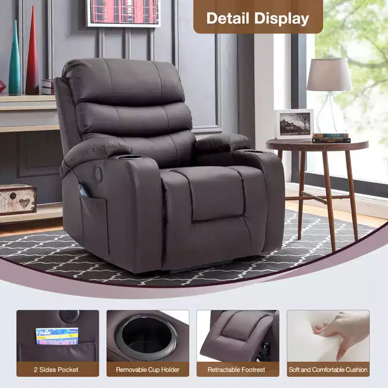 Fauteuil inclinable EROMMY avec massage et chaleur pour personnes âgées, avec 2 porte-gobelets