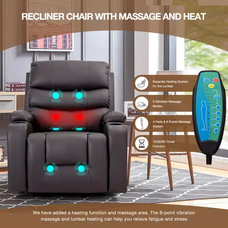 Fauteuil inclinable EROMMY avec massage et chaleur pour personnes âgées, avec 2 porte-gobelets