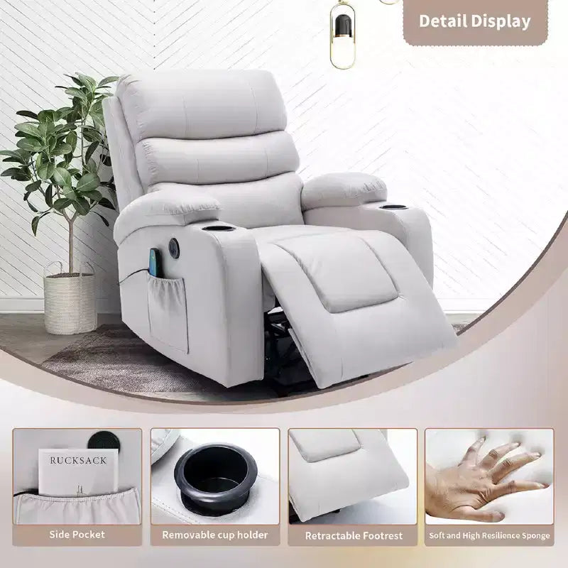 Fauteuil inclinable EROMMY avec massage et chaleur pour personnes âgées, avec 2 porte-gobelets