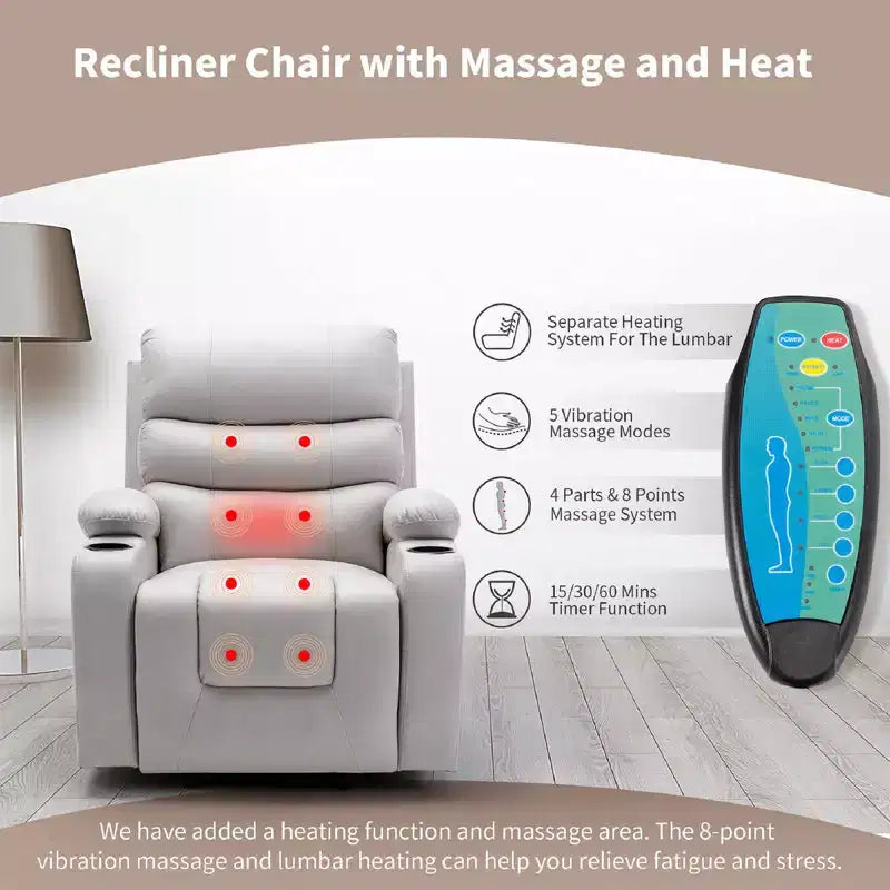 Fauteuil inclinable EROMMY avec massage et chaleur pour personnes âgées, avec 2 porte-gobelets