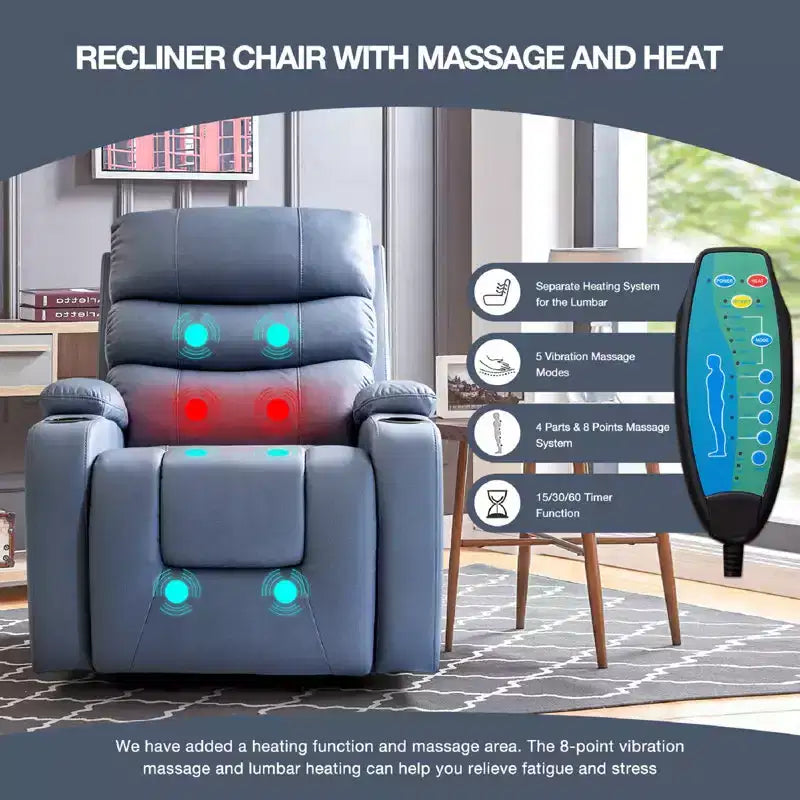 Fauteuil inclinable EROMMY avec massage et chaleur pour personnes âgées, avec 2 porte-gobelets