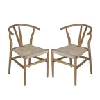 Merrick Lane Lot de 2 chaises de salle à manger empilables avec dossier en Y, cadres en bois massif, assises en corde en papier kraft tressé