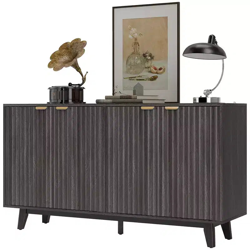 Bahut Homcom à portes cannelées avec rangement, buffet de rangement moderne de 140 cm avec 4 portes, 2 étagères réglables et 5 pieds en bois