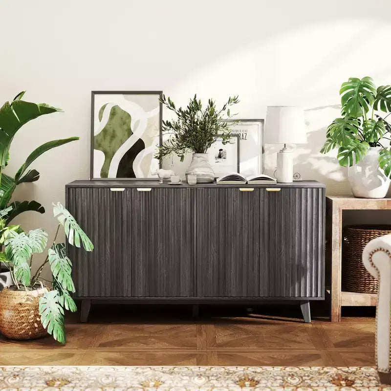 Bahut Homcom à portes cannelées avec rangement, buffet de rangement moderne de 140 cm avec 4 portes, 2 étagères réglables et 5 pieds en bois