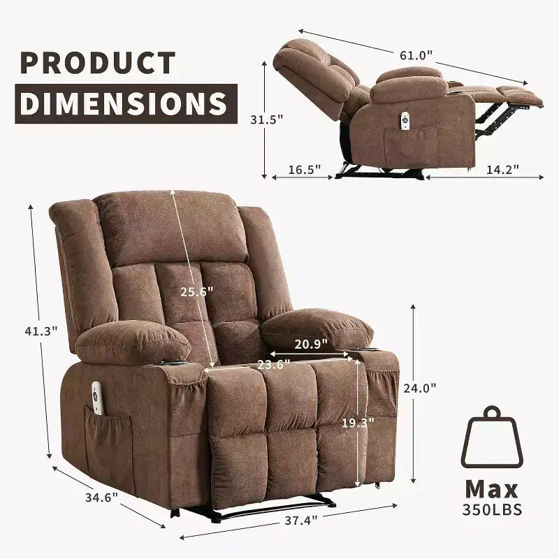 Fauteuil inclinable massant et chauffant surdimensionné avec télécommande, 3 positions réglables, porte-gobelets et soutien lombaire pour les personnes de grande taille et corpulentes.