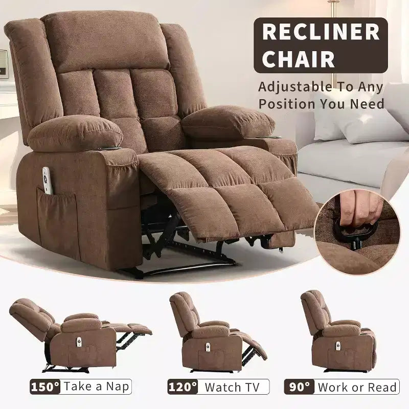 Fauteuil inclinable massant et chauffant surdimensionné avec télécommande, 3 positions réglables, porte-gobelets et soutien lombaire pour les personnes de grande taille et corpulentes.