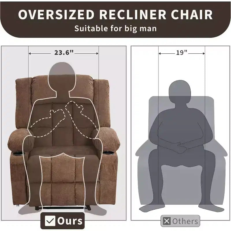 Fauteuil inclinable massant et chauffant surdimensionné avec télécommande, 3 positions réglables, porte-gobelets et soutien lombaire pour les personnes de grande taille et corpulentes.