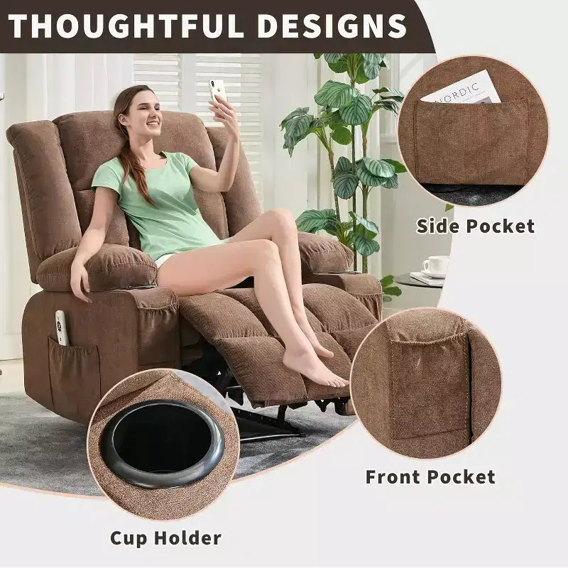 Fauteuil inclinable massant et chauffant surdimensionné avec télécommande, 3 positions réglables, porte-gobelets et soutien lombaire pour les personnes de grande taille et corpulentes.