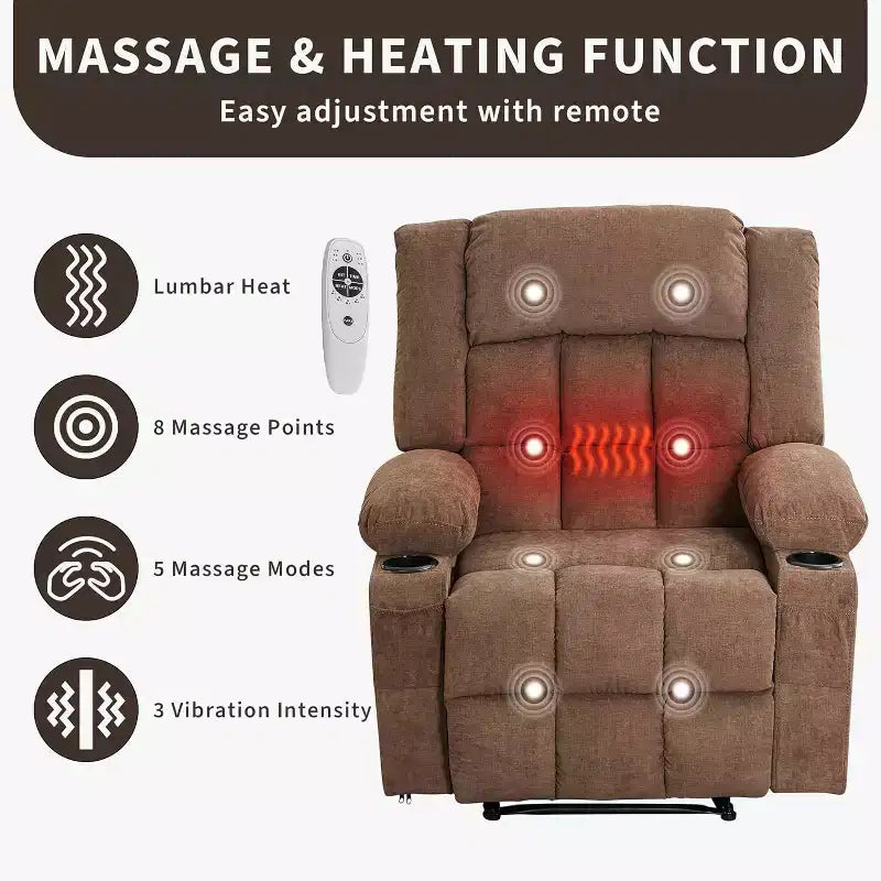 Fauteuil inclinable massant et chauffant surdimensionné avec télécommande, 3 positions réglables, porte-gobelets et soutien lombaire pour les personnes de grande taille et corpulentes.