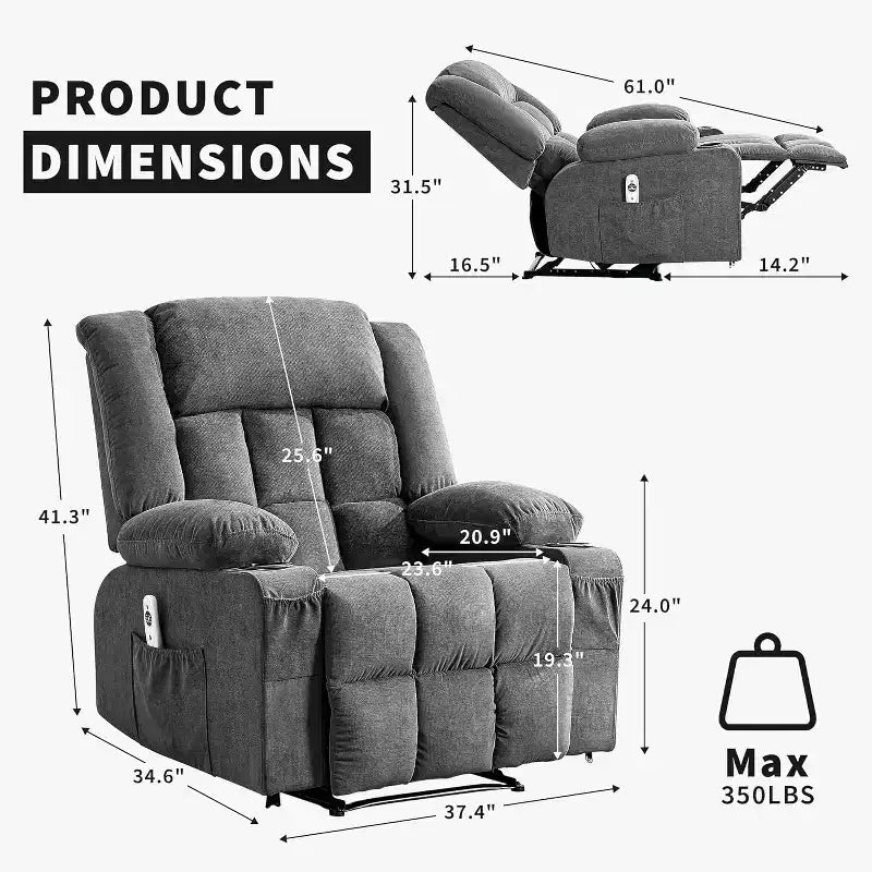 Fauteuil inclinable massant et chauffant surdimensionné avec télécommande, 3 positions réglables, porte-gobelets et soutien lombaire pour les personnes de grande taille et corpulentes.
