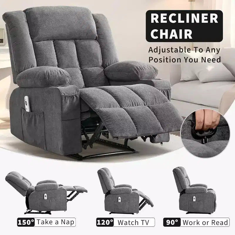 Fauteuil inclinable massant et chauffant surdimensionné avec télécommande, 3 positions réglables, porte-gobelets et soutien lombaire pour les personnes de grande taille et corpulentes.