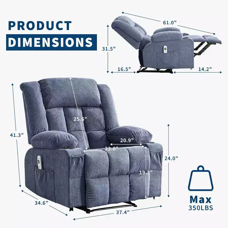 Fauteuil inclinable massant et chauffant surdimensionné avec télécommande, 3 positions réglables, porte-gobelets et soutien lombaire pour les personnes de grande taille et corpulentes.