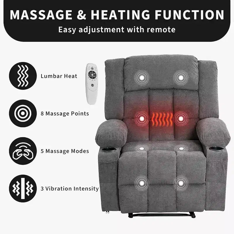 Fauteuil inclinable massant et chauffant surdimensionné avec télécommande, 3 positions réglables, porte-gobelets et soutien lombaire pour les personnes de grande taille et corpulentes.
