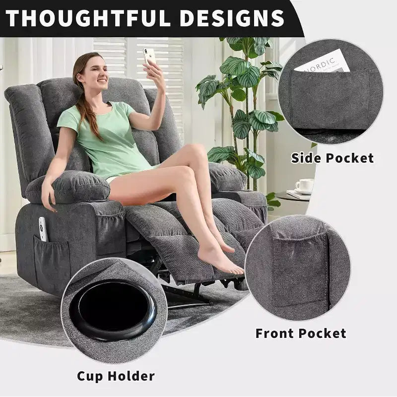 Fauteuil inclinable massant et chauffant surdimensionné avec télécommande, 3 positions réglables, porte-gobelets et soutien lombaire pour les personnes de grande taille et corpulentes.