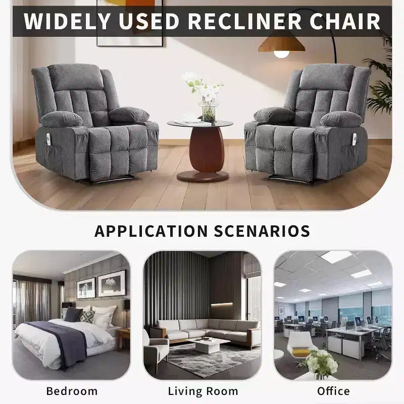 Fauteuil inclinable massant et chauffant surdimensionné avec télécommande, 3 positions réglables, porte-gobelets et soutien lombaire pour les personnes de grande taille et corpulentes.
