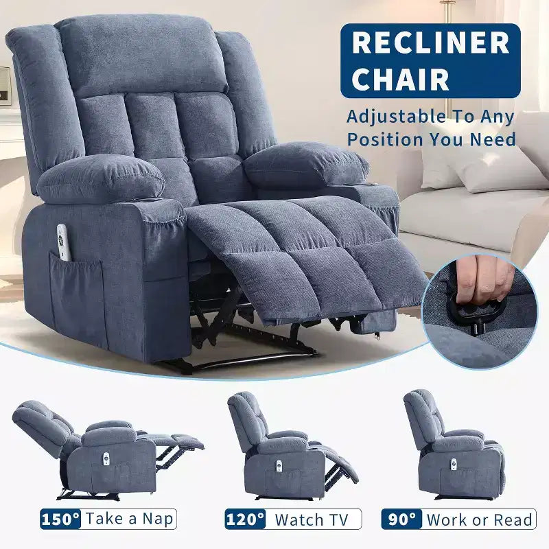 Fauteuil inclinable massant et chauffant surdimensionné avec télécommande, 3 positions réglables, porte-gobelets et soutien lombaire pour les personnes de grande taille et corpulentes.