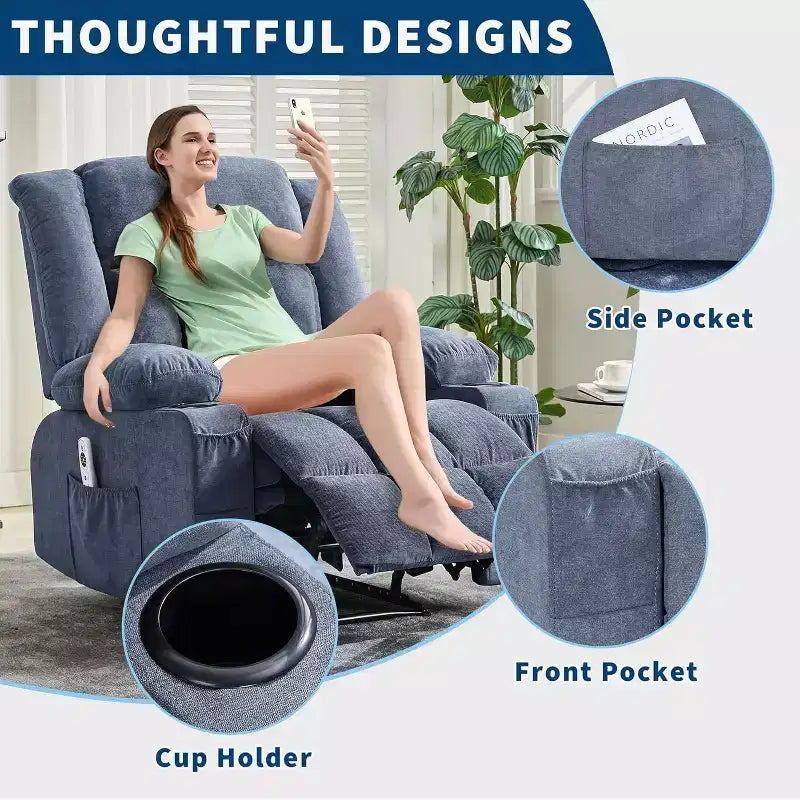 Fauteuil inclinable massant et chauffant surdimensionné avec télécommande, 3 positions réglables, porte-gobelets et soutien lombaire pour les personnes de grande taille et corpulentes.