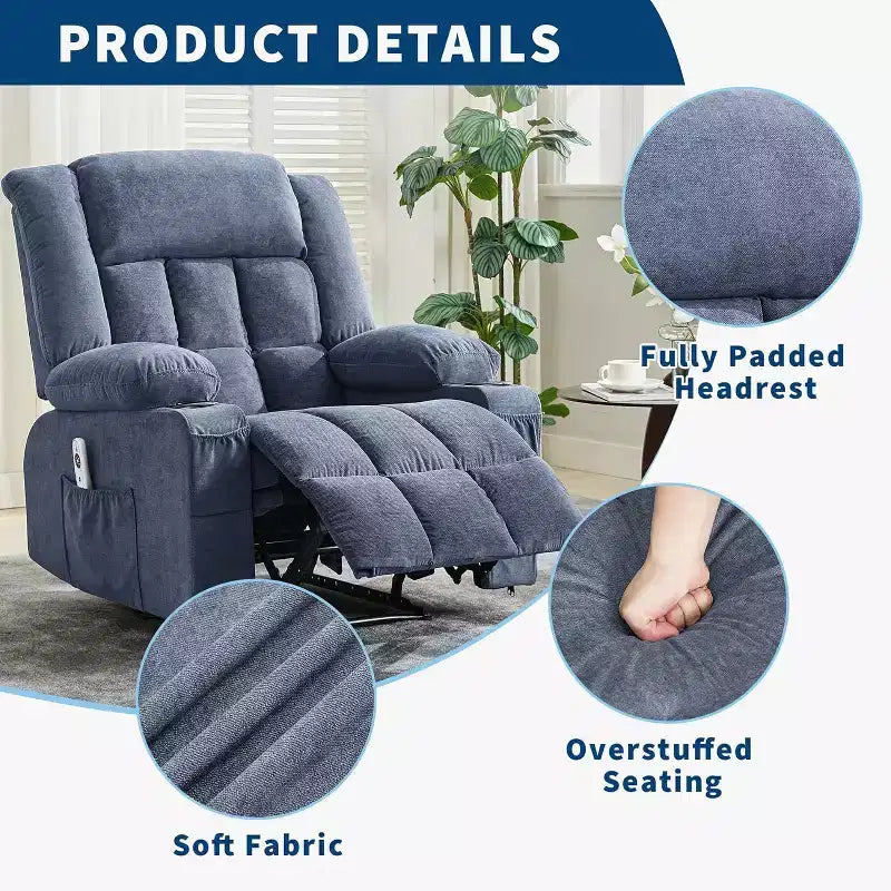 Fauteuil inclinable massant et chauffant surdimensionné avec télécommande, 3 positions réglables, porte-gobelets et soutien lombaire pour les personnes de grande taille et corpulentes.