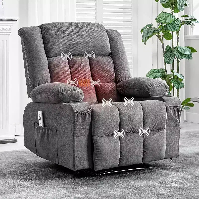 Fauteuil inclinable massant et chauffant surdimensionné avec télécommande, 3 positions réglables, porte-gobelets et soutien lombaire pour les personnes de grande taille et corpulentes.