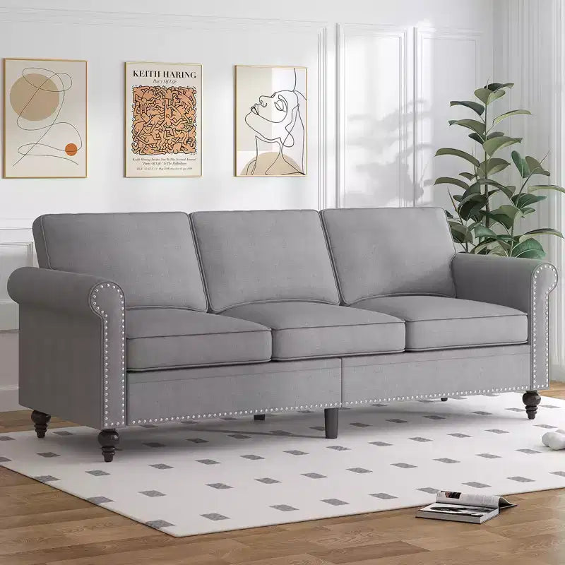 Canapé moderne 3 places en tissu de lin Mjkone avec rivets