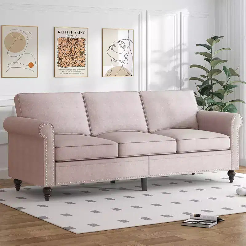 Canapé moderne 3 places en tissu de lin Mjkone avec rivets