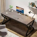 Bureau de direction Lantine de 160 cm, grand bureau informatique avec plateau en bois très épais et cadre en métal